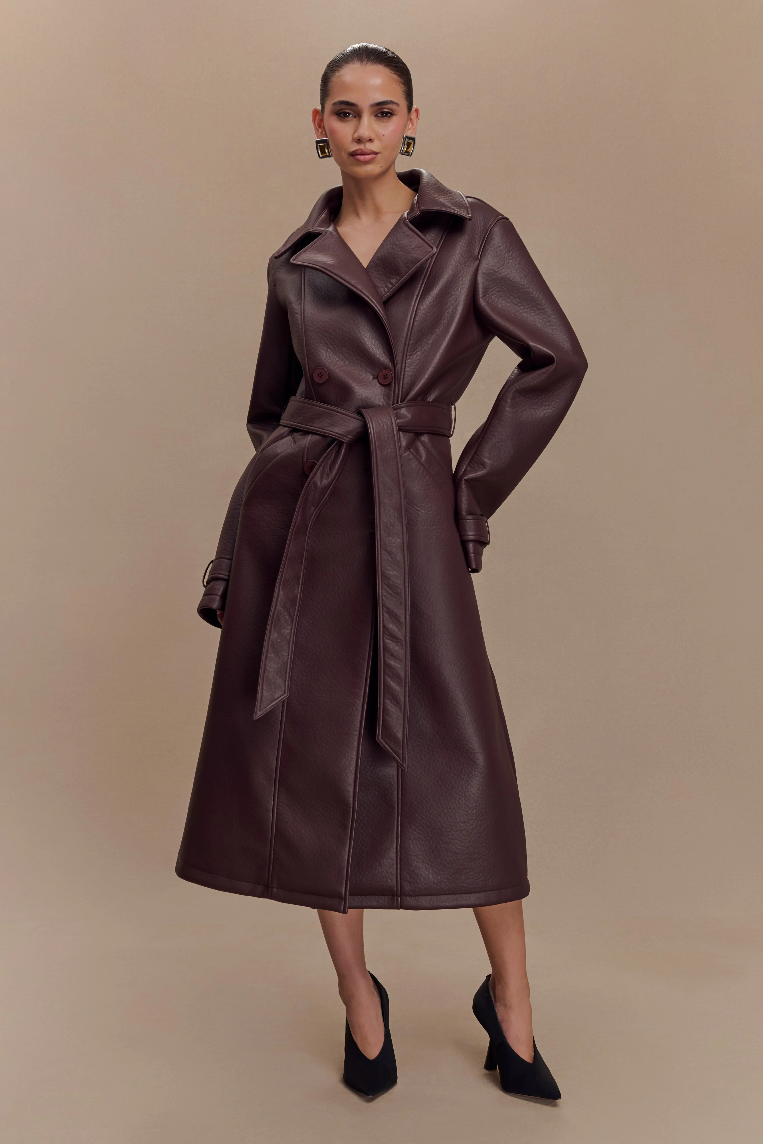 Tarah Faux Leather Trench Coat - Cacao Brown - Image 2