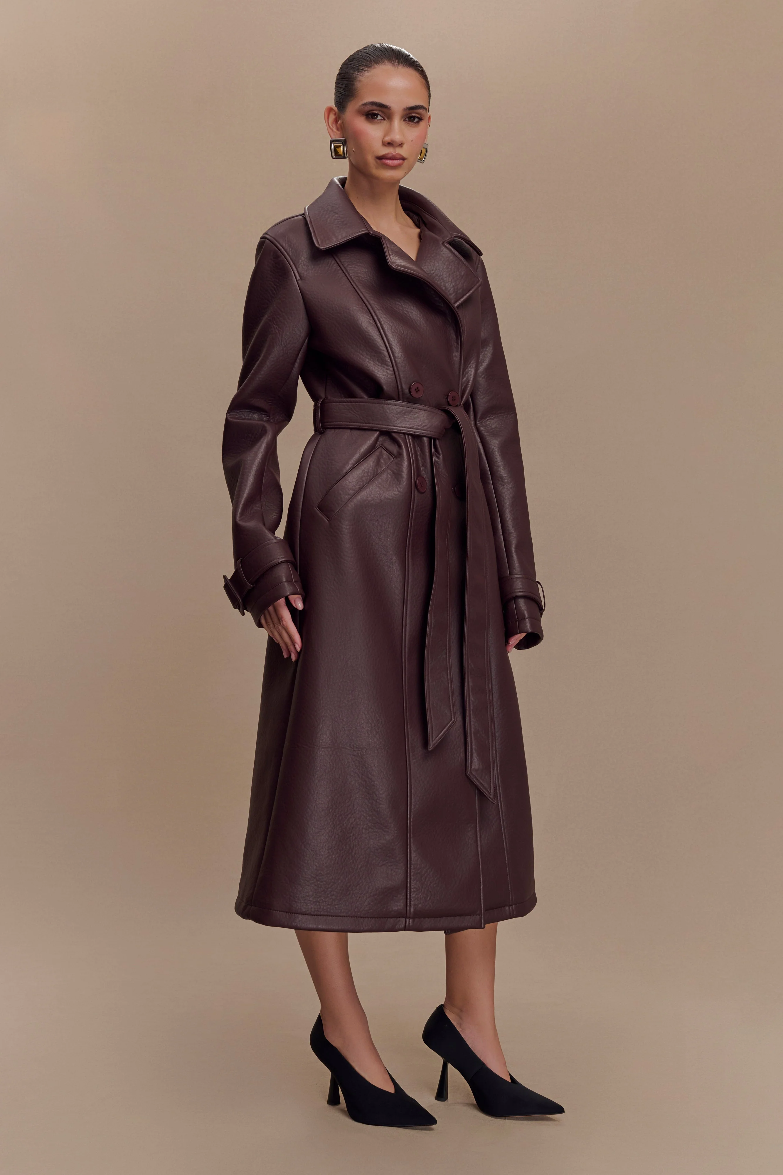 Tarah Faux Leather Trench Coat - Cacao Brown - Image 5