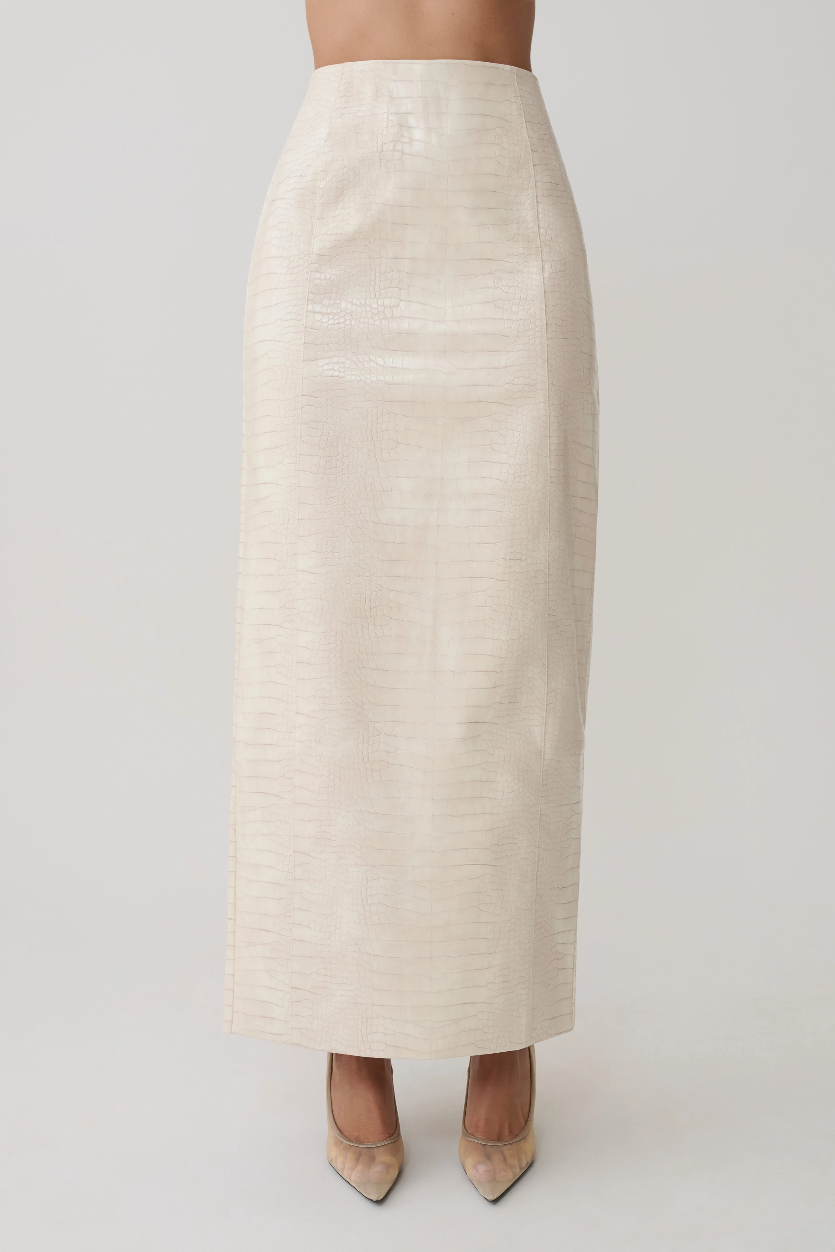 Thalia Croc Faux Leather Midi Skirt - Ivory - Image 4