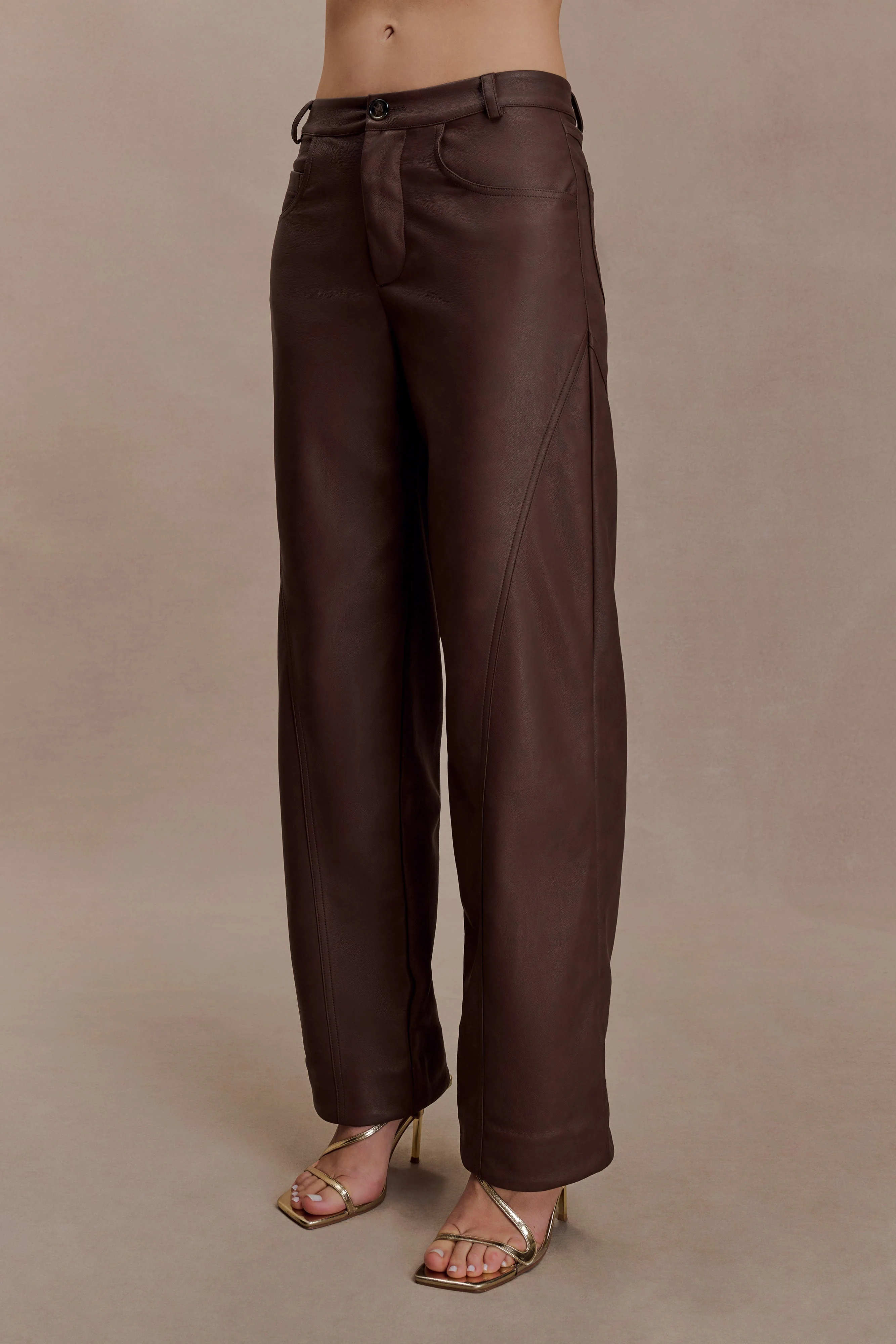 Theo Faux Leather Mid Rise Pants - Dark Chocolate - Image 5