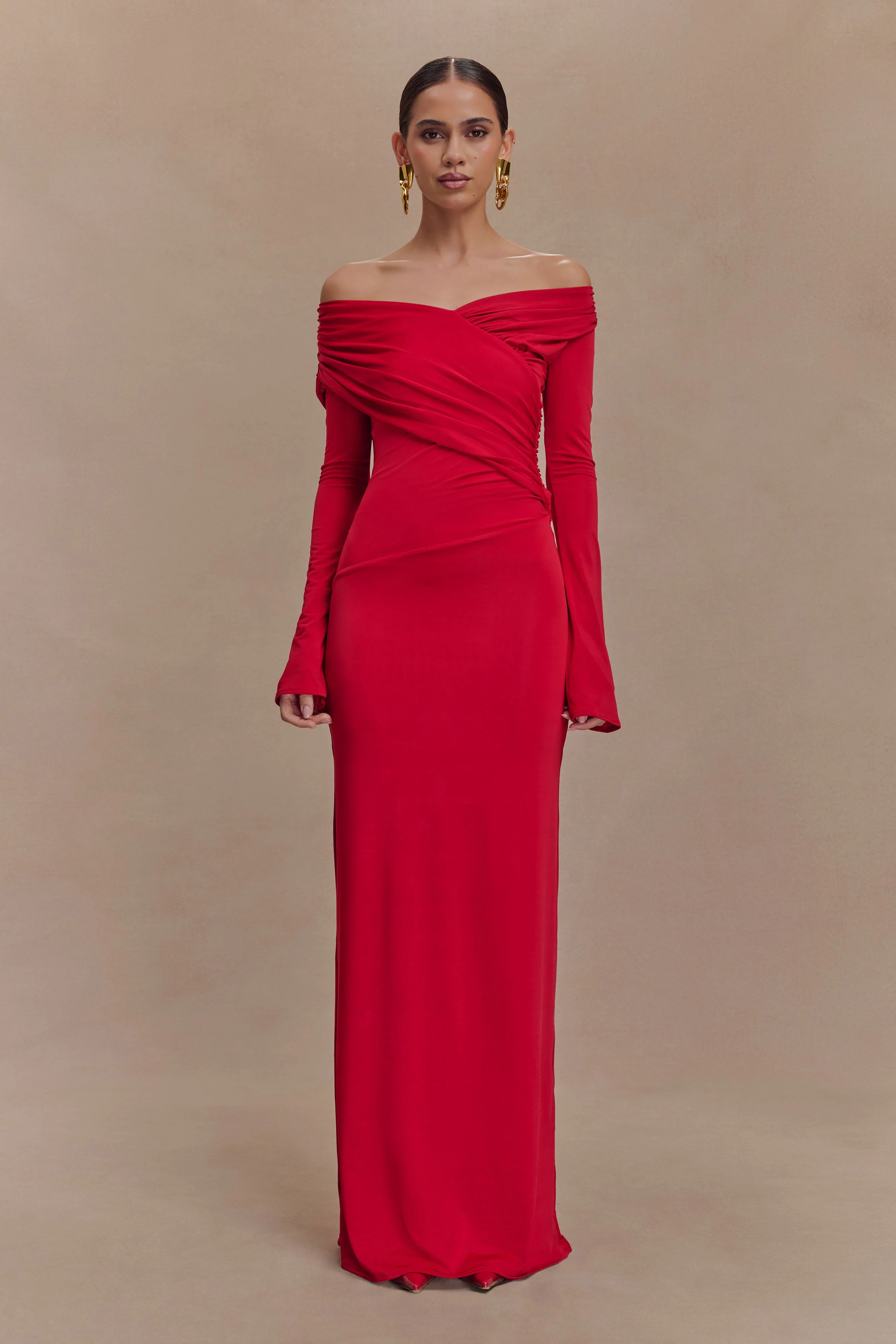 Therese Off Shoulder Ruched Maxi Dress - Red - Image 2