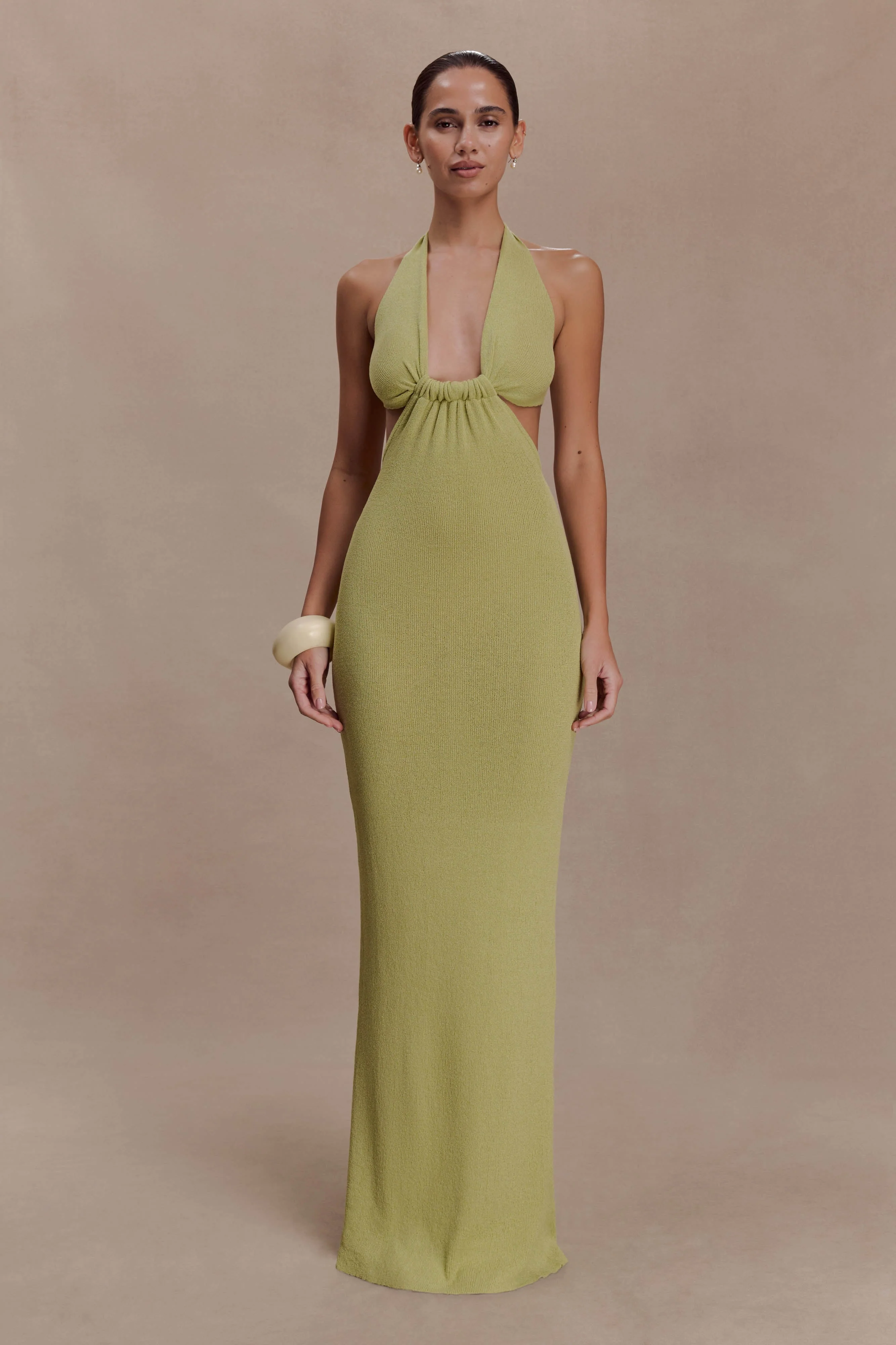 Theresea Halter Knit Maxi Dress - Light Olive - Image 4