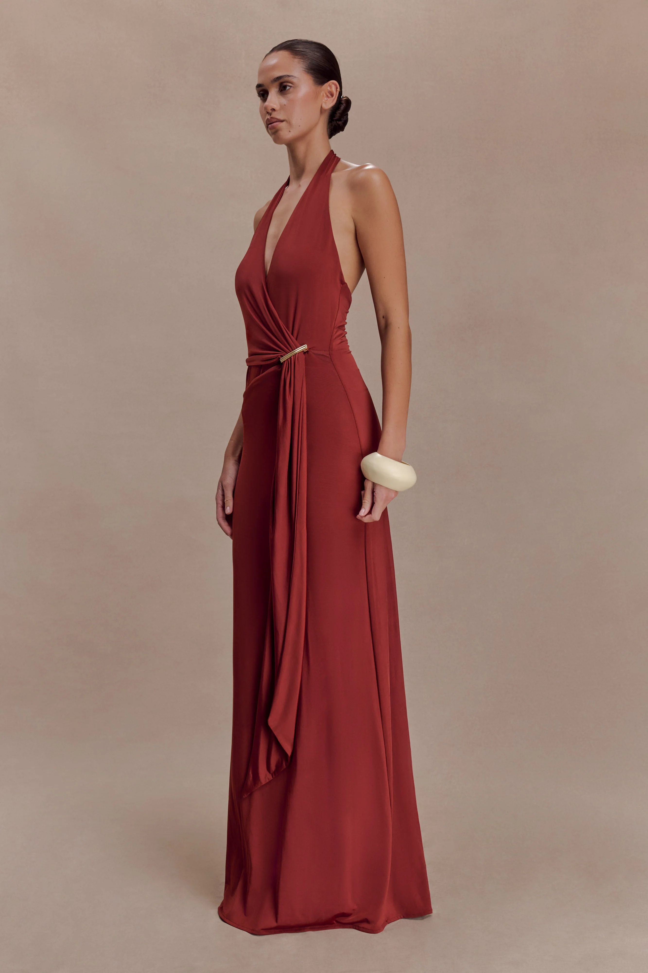 Veda Slinky Halter Maxi Dress - Russet - Image 3