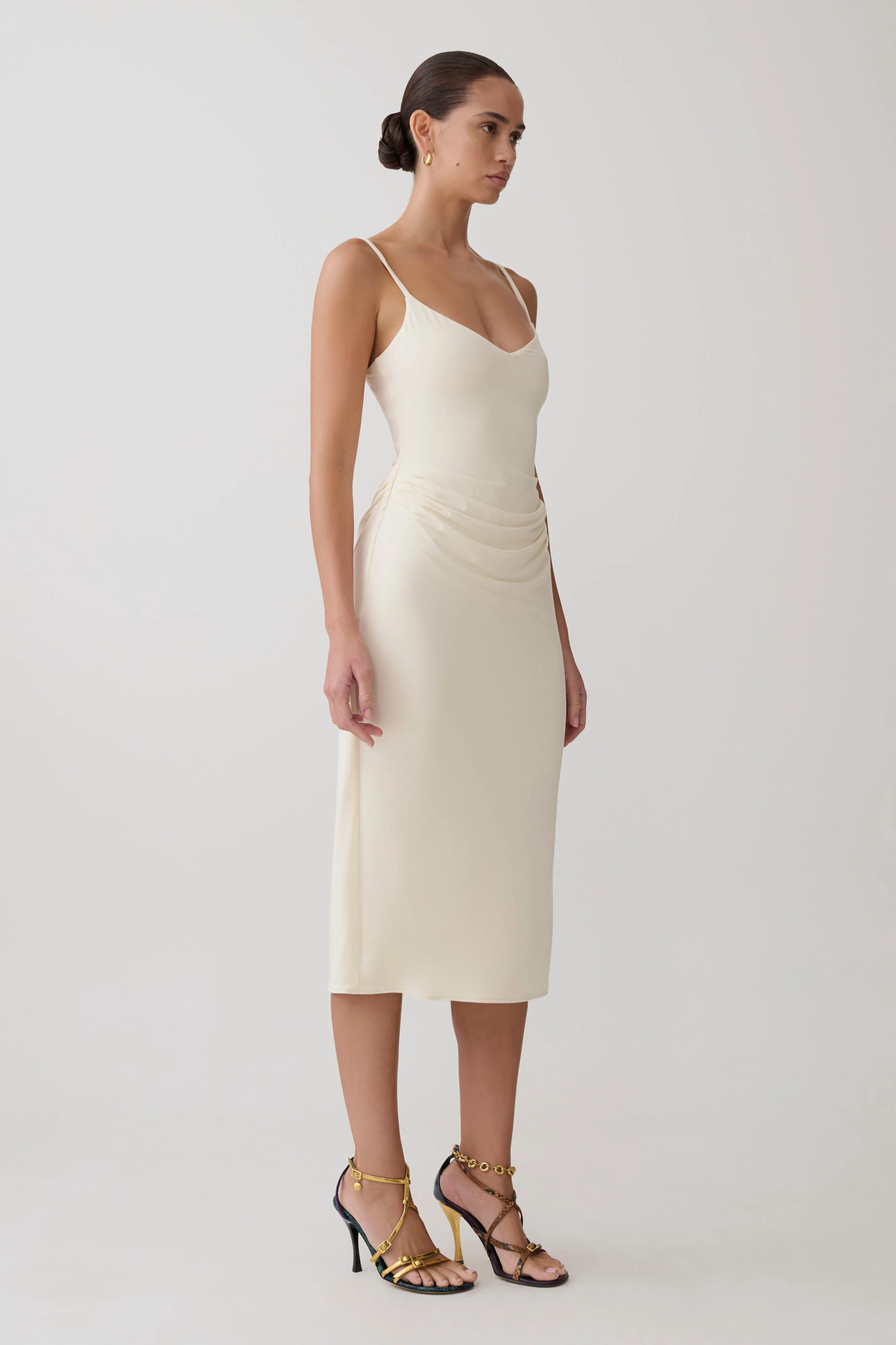 Vina Gathered Jersey Midi Dress - Ivory - Image 5