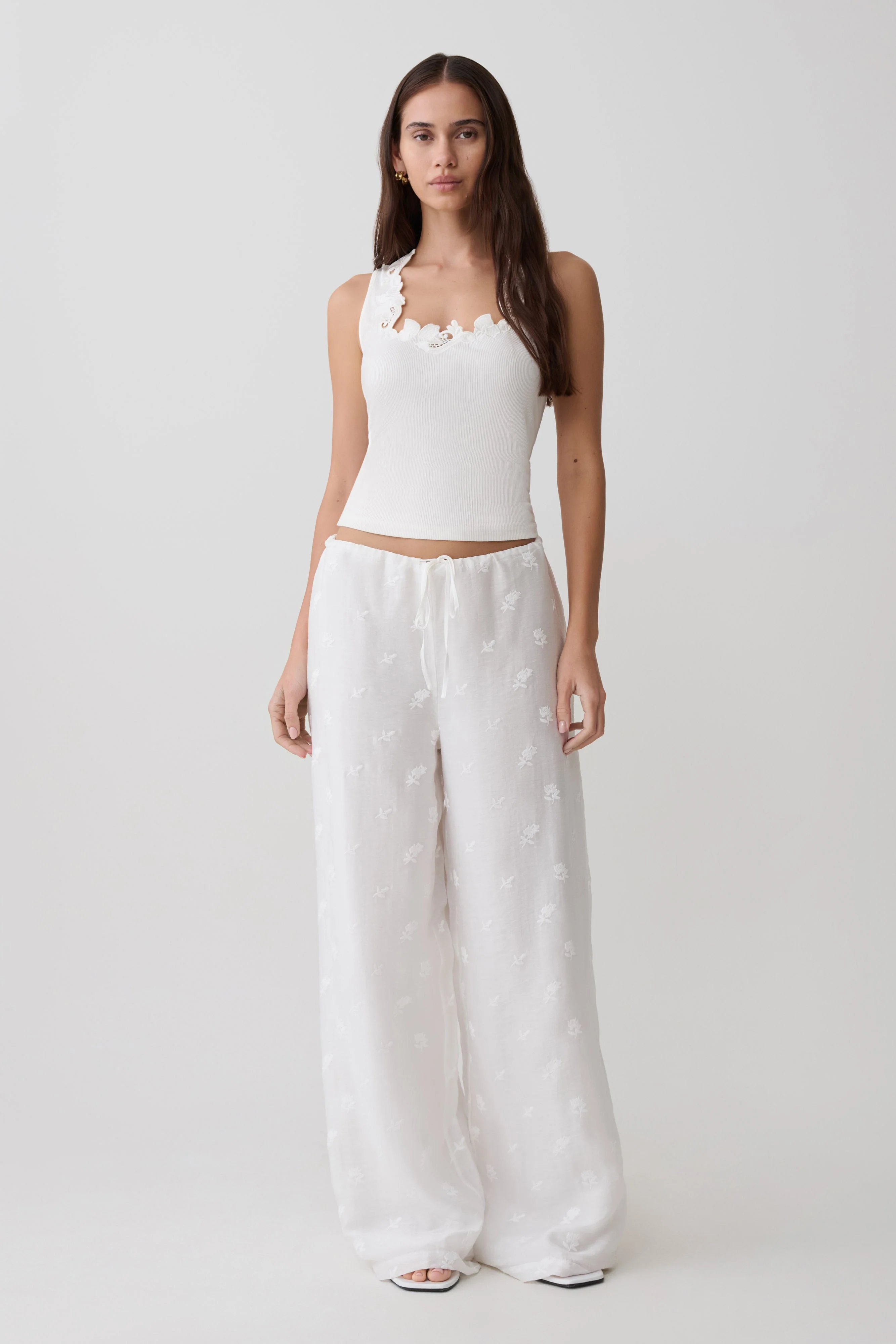 Vivian Tie Waist Embroidered Pant - White - Image 9