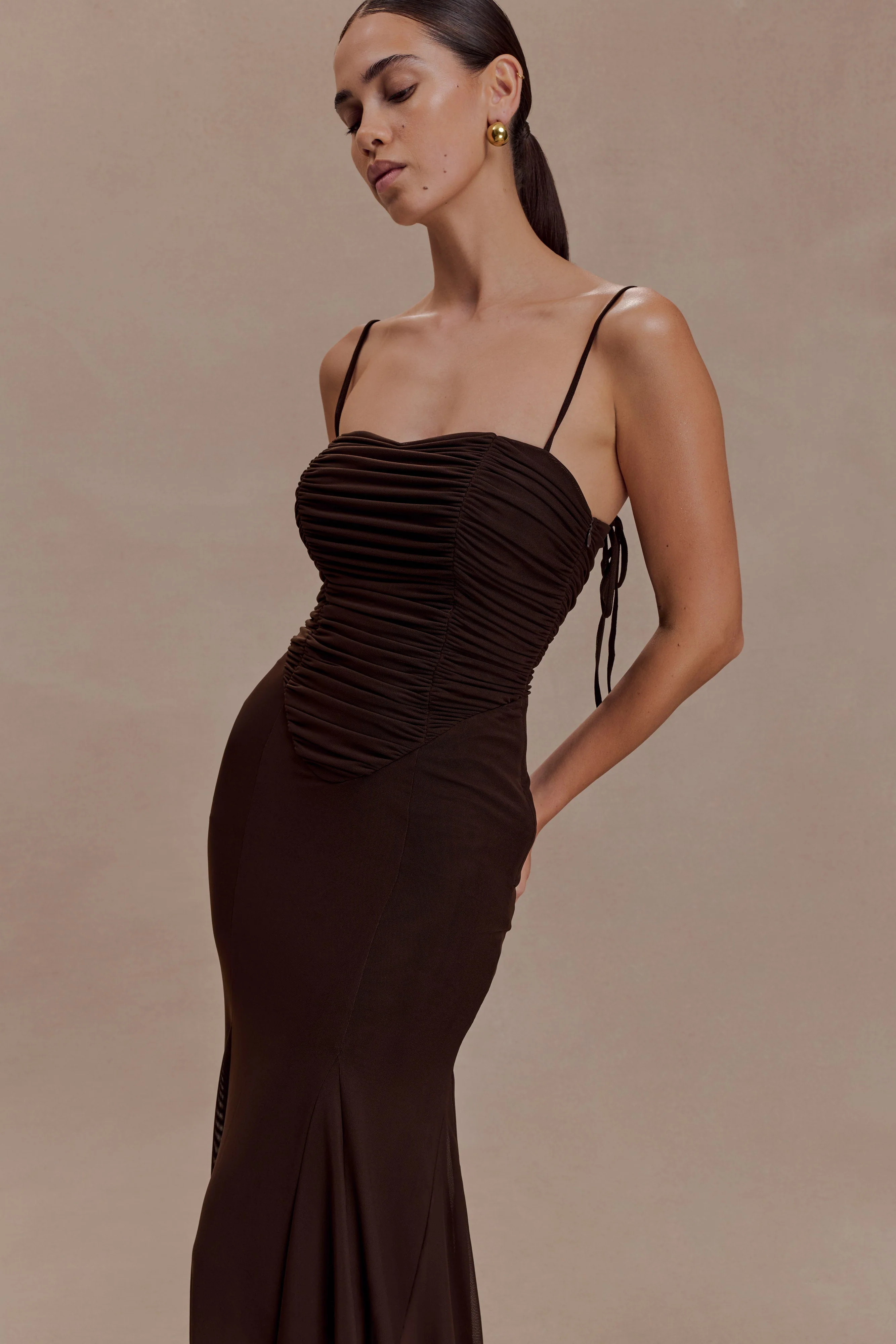 Willa Gathered Mesh Midi Dress - Chocolate - Image 3