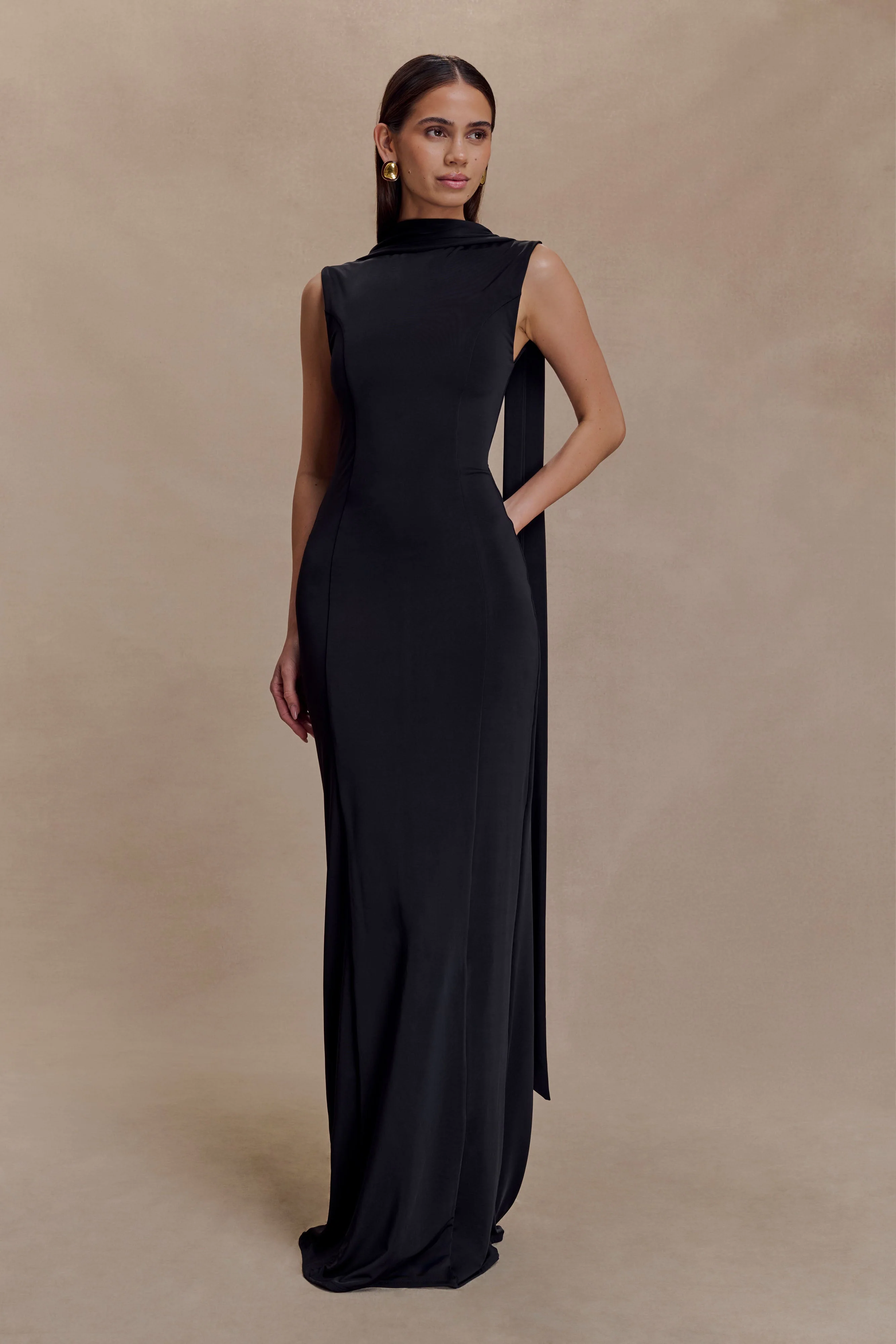 Wisteria Slinky Maxi Dress With Scarf - Black - Image 6