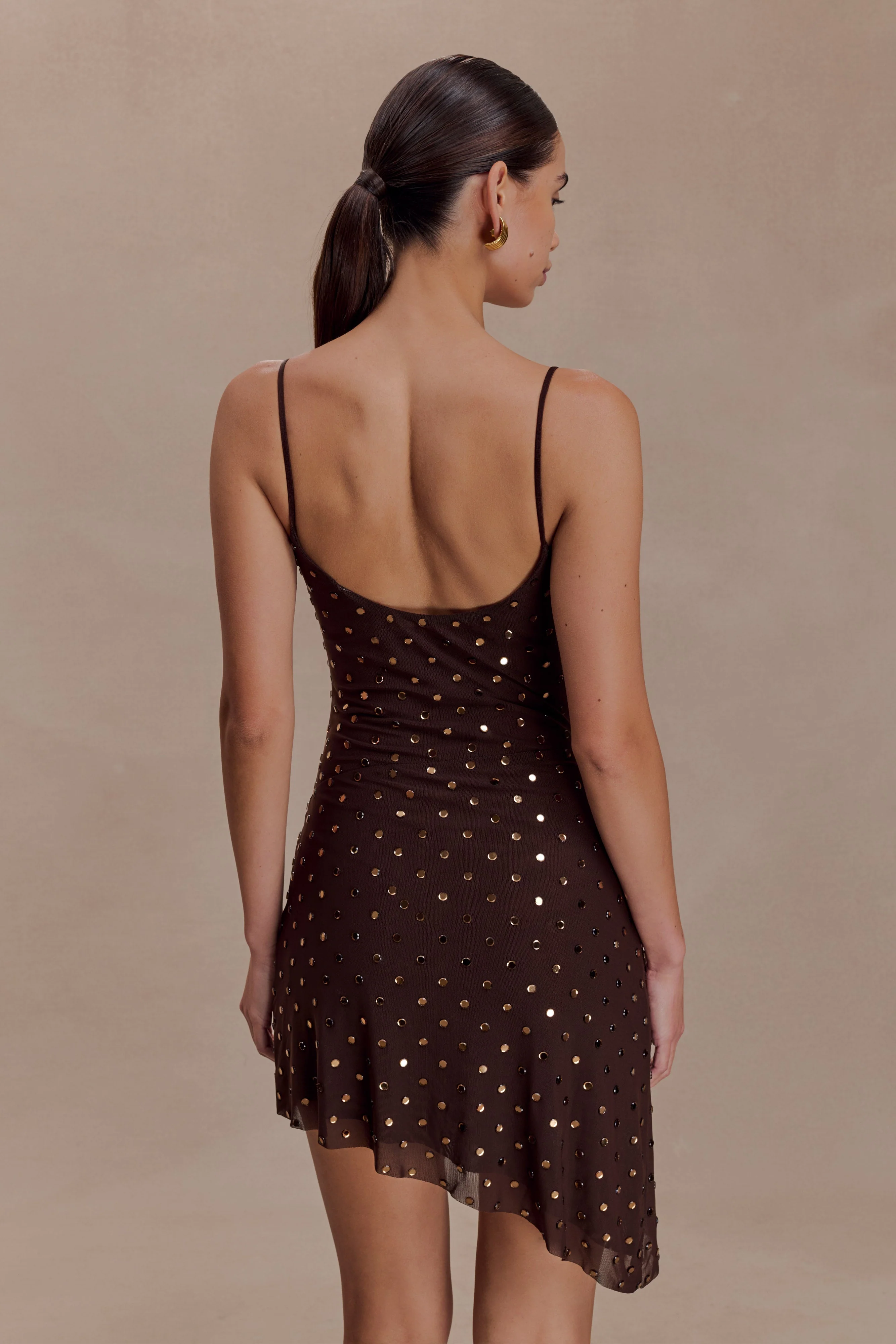 Zahra Diamante Cowl Mini Dress - Chocolate - Image 8